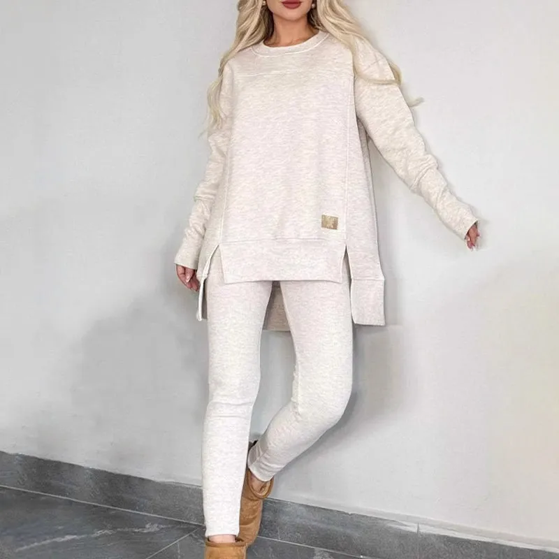 Slit High Low Hem Sweatshirt  Bodycon Pants Set