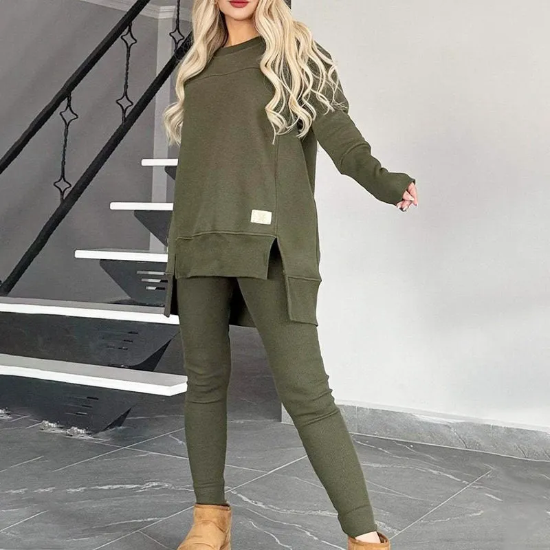 Slit High Low Hem Sweatshirt  Bodycon Pants Set