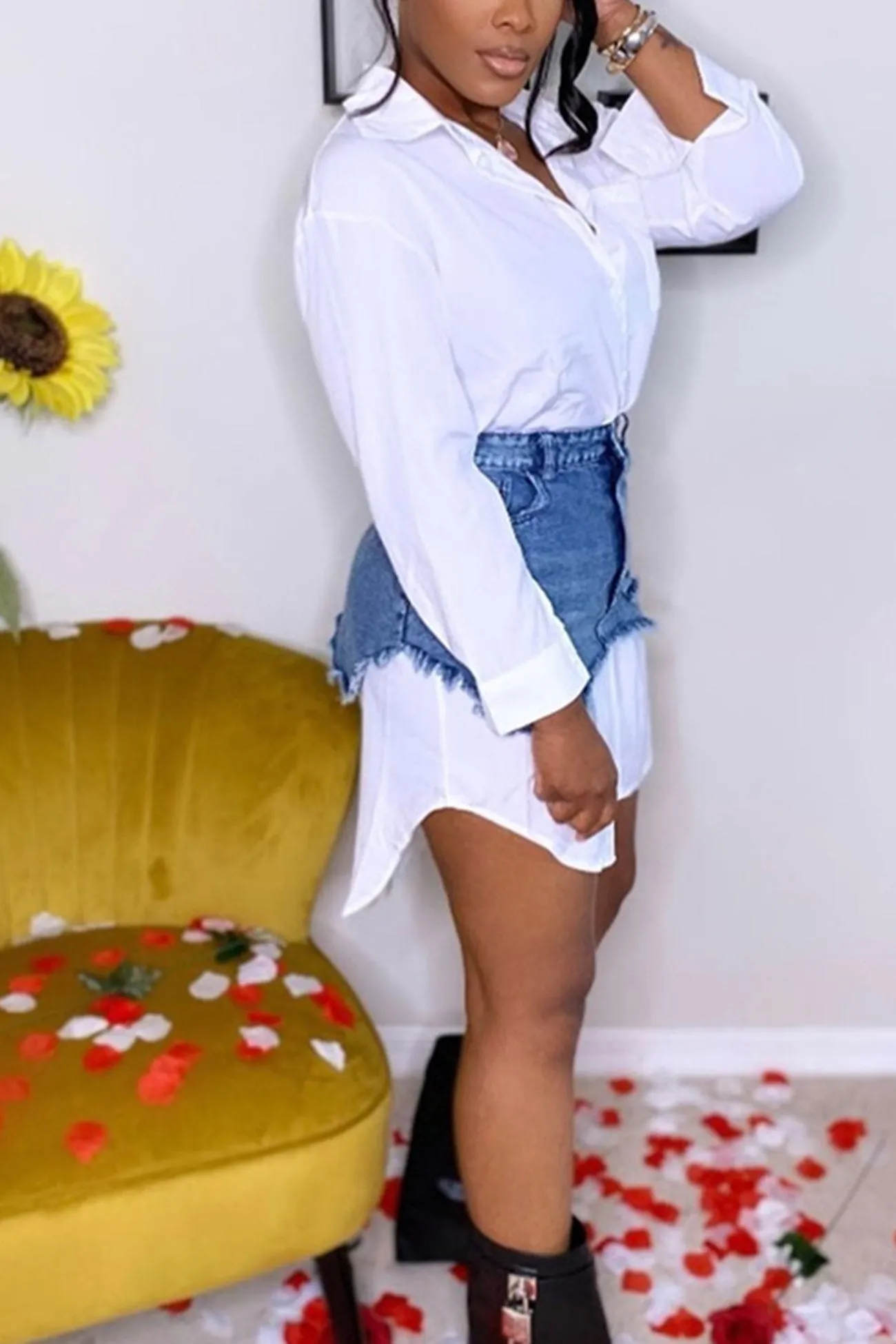 Solid Blouses Denim Skirt Two-piece Outfit