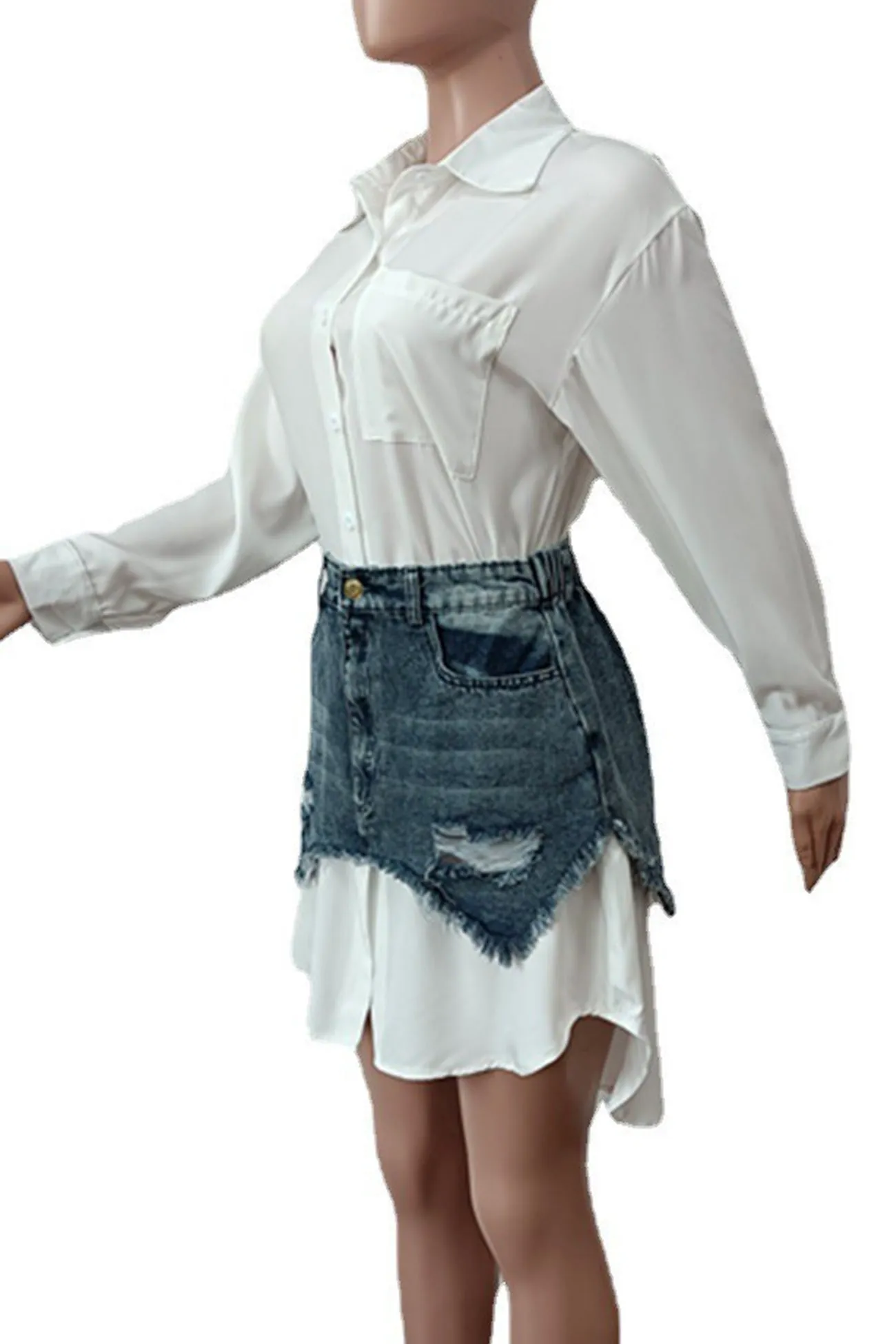 Solid Blouses Denim Skirt Two-piece Outfit