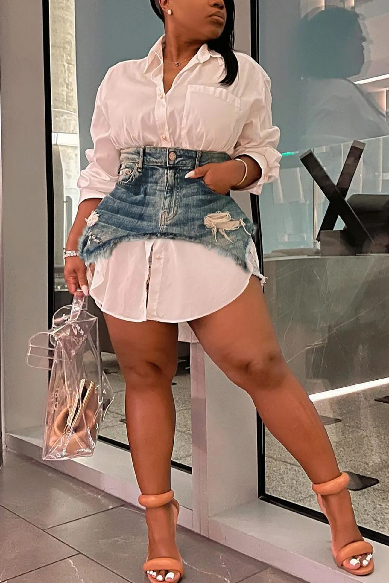 Solid Blouses Denim Skirt Two-piece Outfit