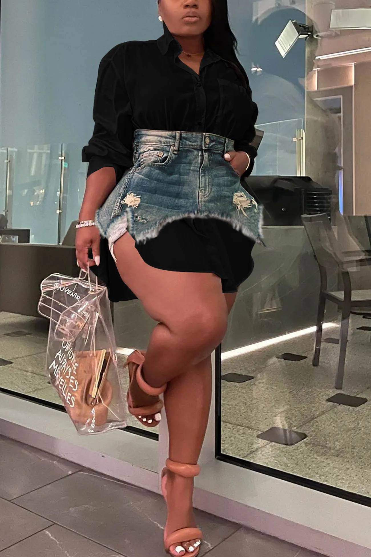 Solid Blouses Denim Skirt Two-piece Outfit