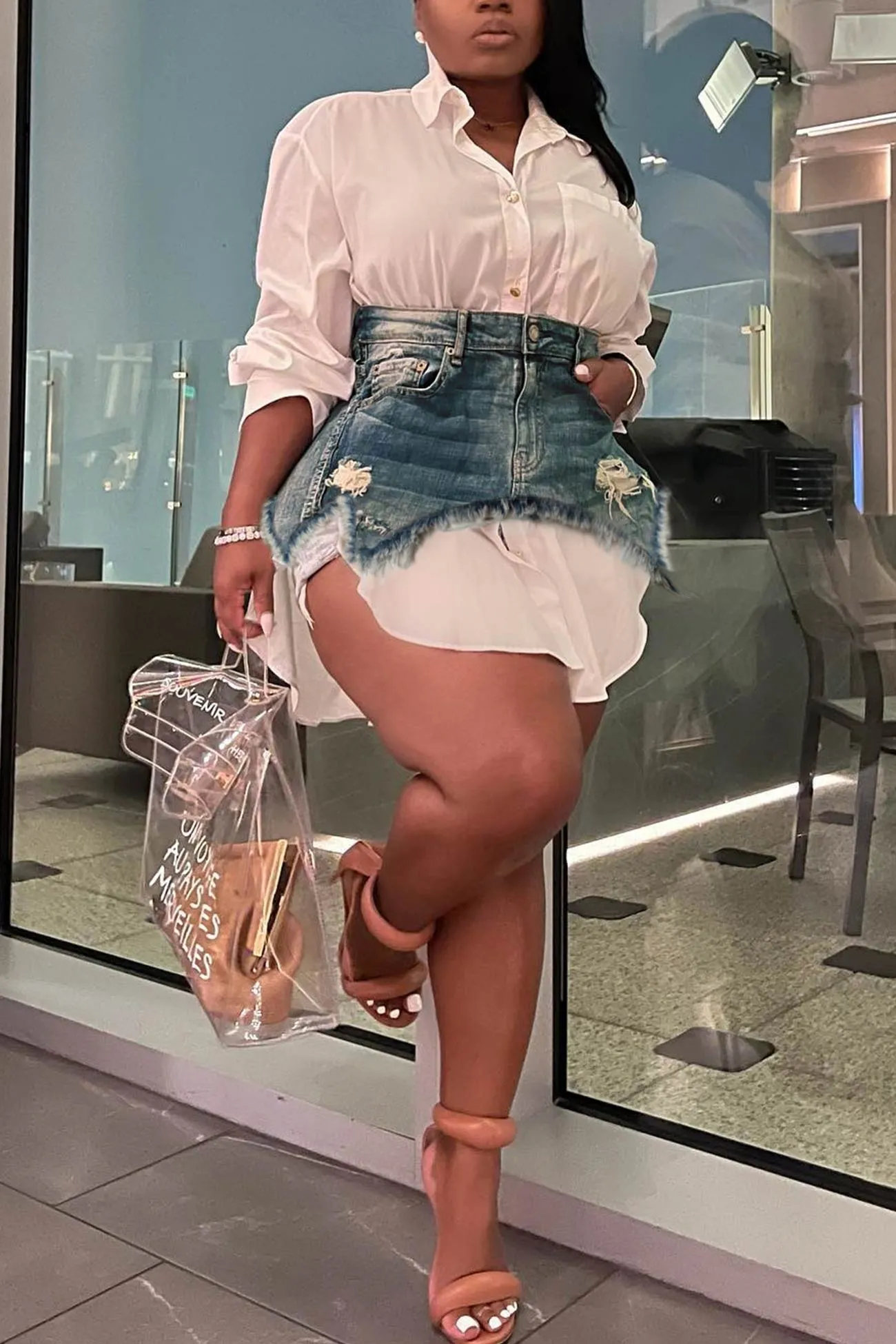 Solid Blouses Denim Skirt Two-piece Outfit