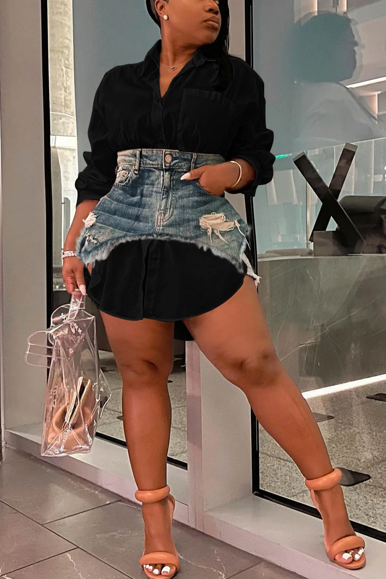Solid Blouses Denim Skirt Two-piece Outfit