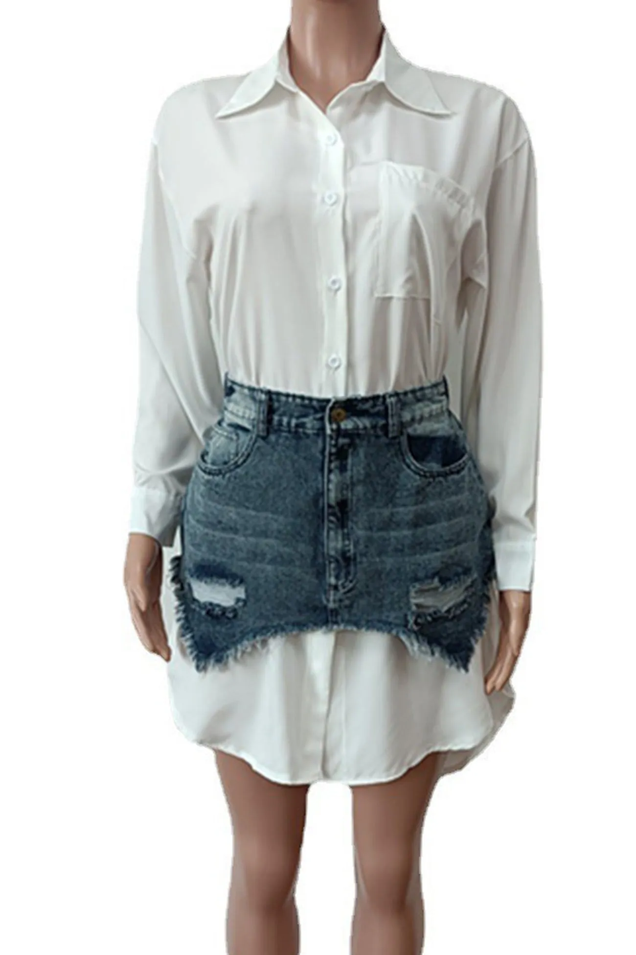 Solid Blouses Denim Skirt Two-piece Outfit