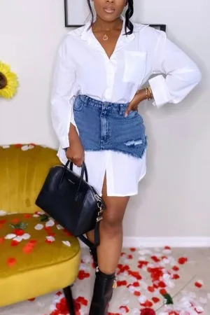 Solid Blouses Denim Skirt Two-piece Outfit