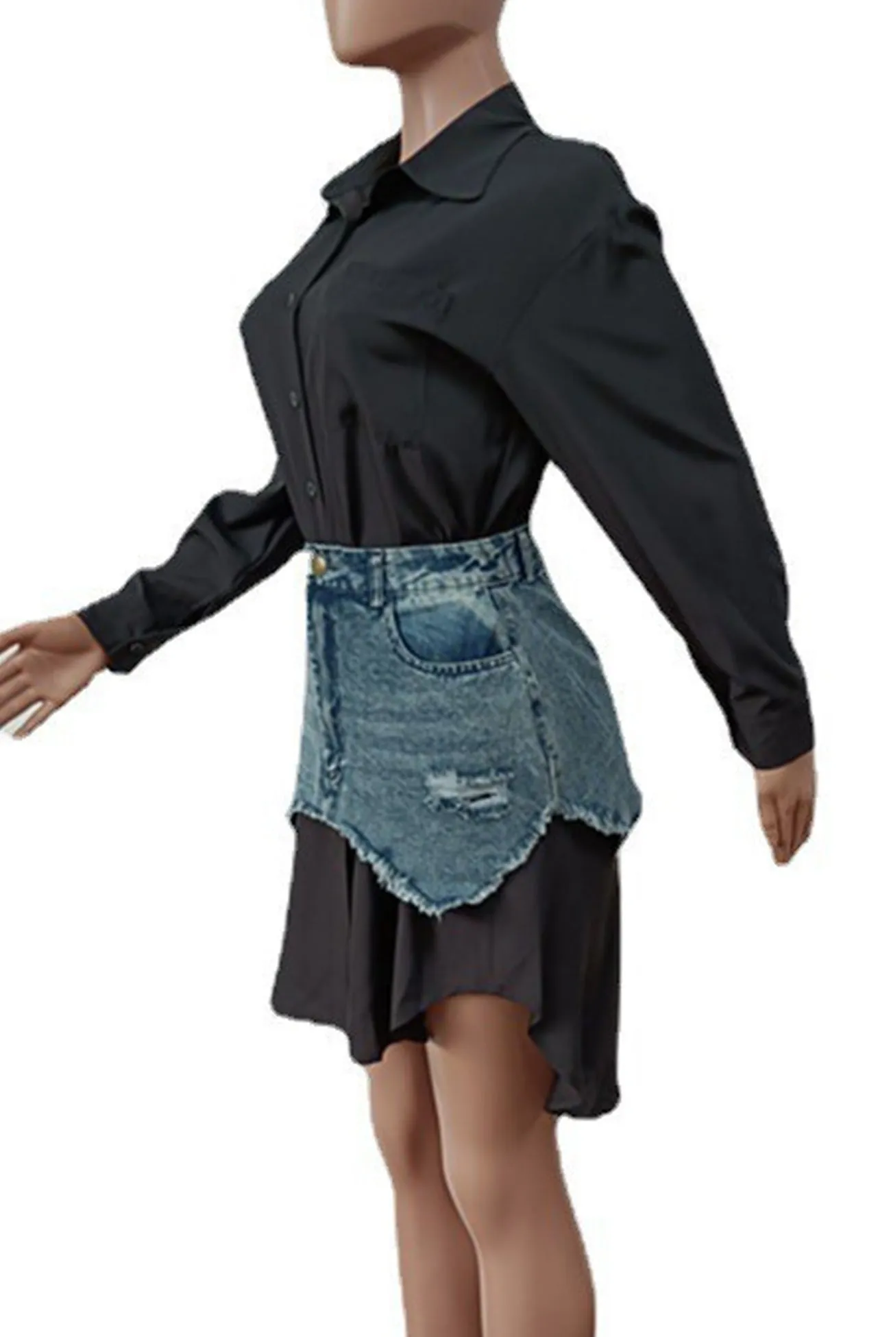 Solid Blouses Denim Skirt Two-piece Outfit