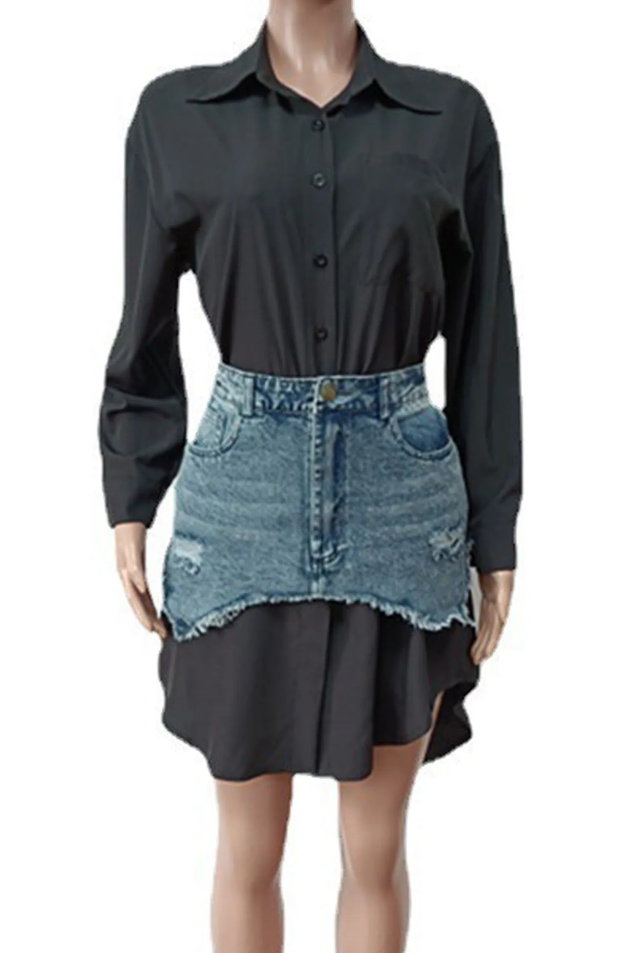 Solid Blouses Denim Skirt Two-piece Outfit