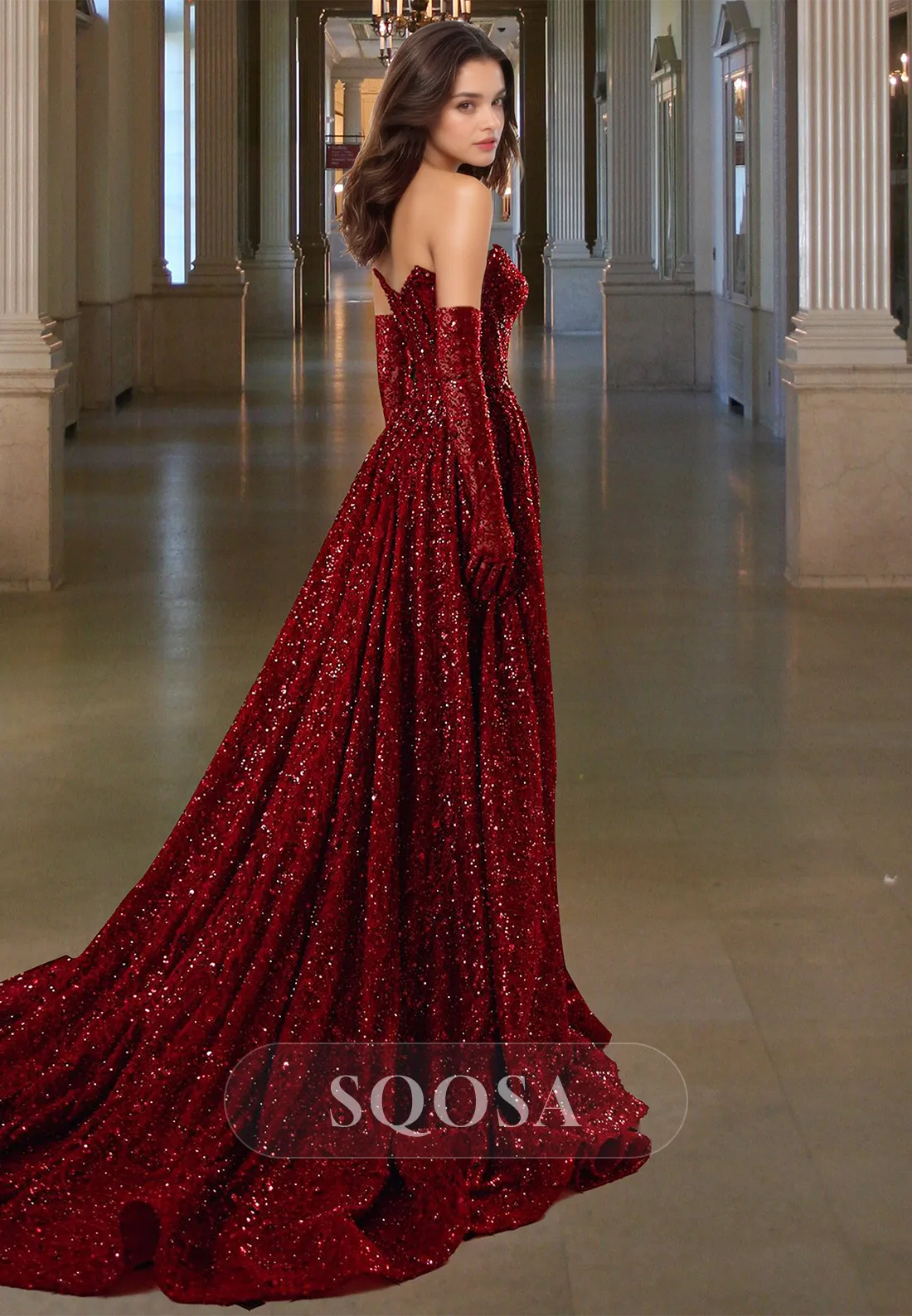 Sweetheart Off-Shoulder Sleeveless Party Gowns Fully Sequined Pleated A-Line Prom Dress with Gloves