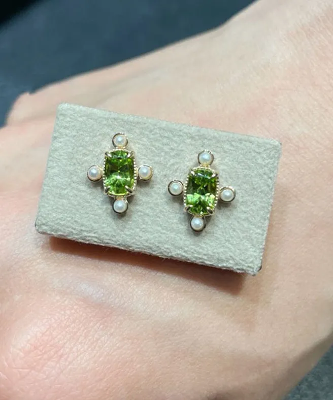 Vintage Gold Sterling Silver Overgild Crystal Pearl Stud Earrings QU040